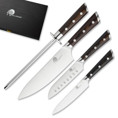 sada 3 nožů + diamantová ocílka v dřevěné dárkové krabici, Dellinger German Black Samurai