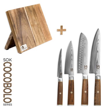 Sada 4 kuchyňských nožů SOK Cocobolo White Damascus + magnetický stojánek