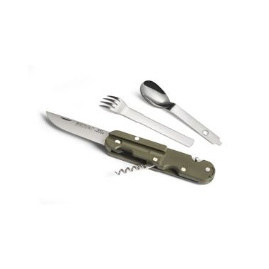 BIVOUAC CAMP KNIFE ARMY GREEN HANDLE - TEXTILE POUCH - FORK and SPOON