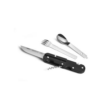 BIVOUAC CAMP KNIFE BLACK HANDLE - TEXTILE POUCH - FORK and SPOON