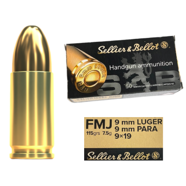 Pistolové náboje SB 9mm Luger FMJ 115grs 7,50g 50ks