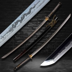 katana dragon spear horimono T-10 Carbon Steel, Real Choji Clover-Tree Flower Hamon, Yokote