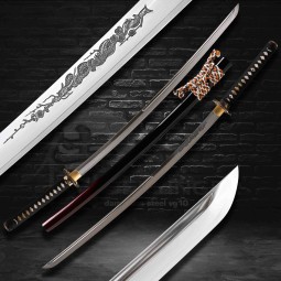 katana dragon flower horimono T-10 Carbon Steel, Real Suguha Hamon, Bo-Hi, Yokote