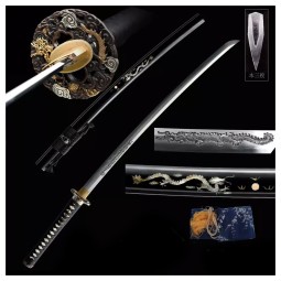 Katana Doragon  Horimono Japanese Sword T-10 Steel Kobuse, Real Hamon Gunome