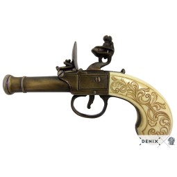 Replika pistole křesadlová, kapesní, Ivory, Bunney, Londýn 1770